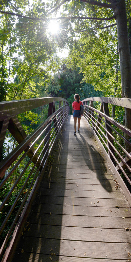 Femme traversant un pont au milieu de la forêt